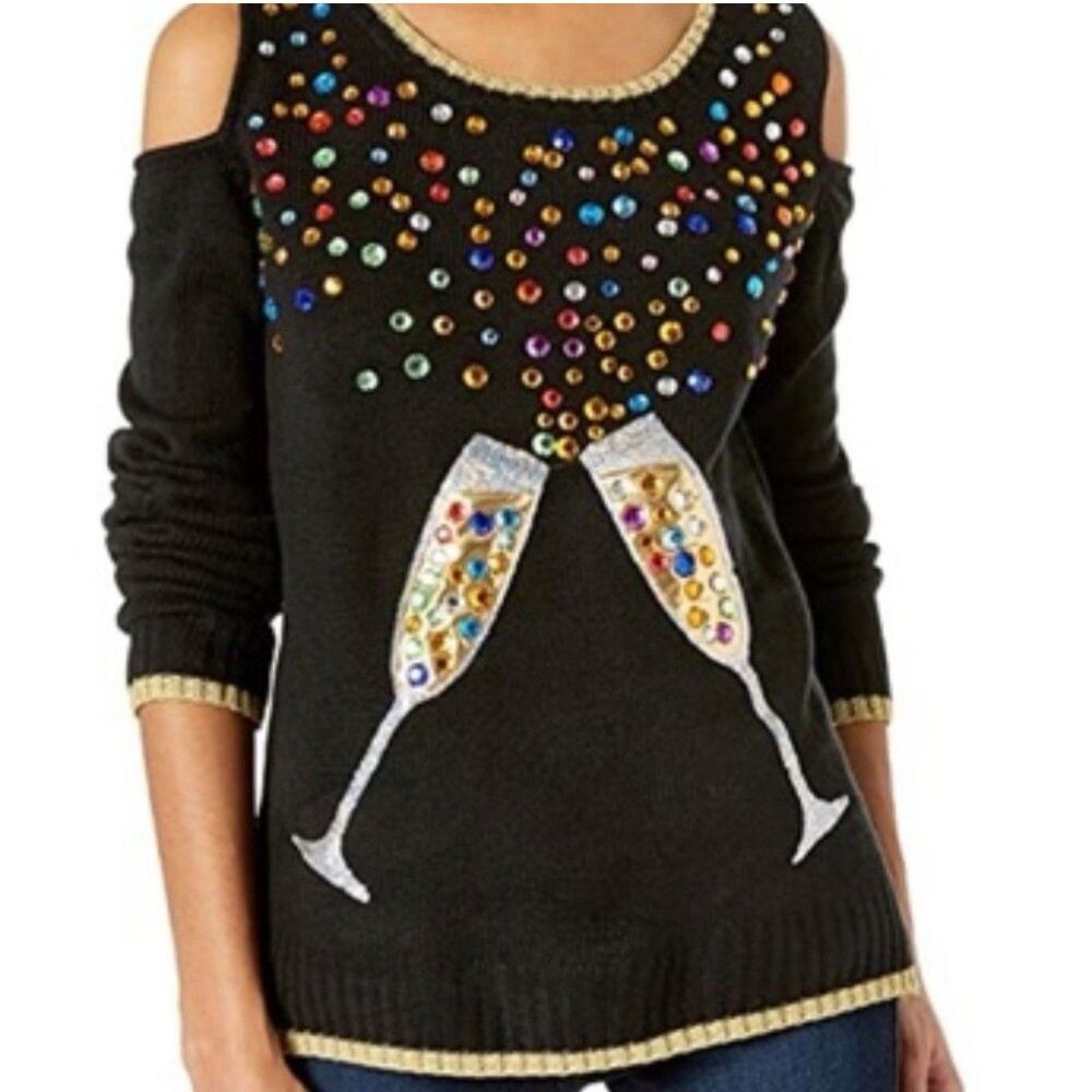 33 Degrees Champagne Toast Embellished Cold Shoulder Sweater Sz Medium